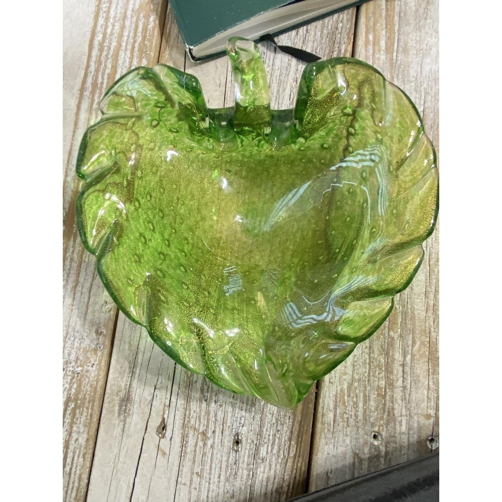 Vintage MURANO Ruffled Edge Green Leaf Bowl/ with Gold Flecks GORGEOUS